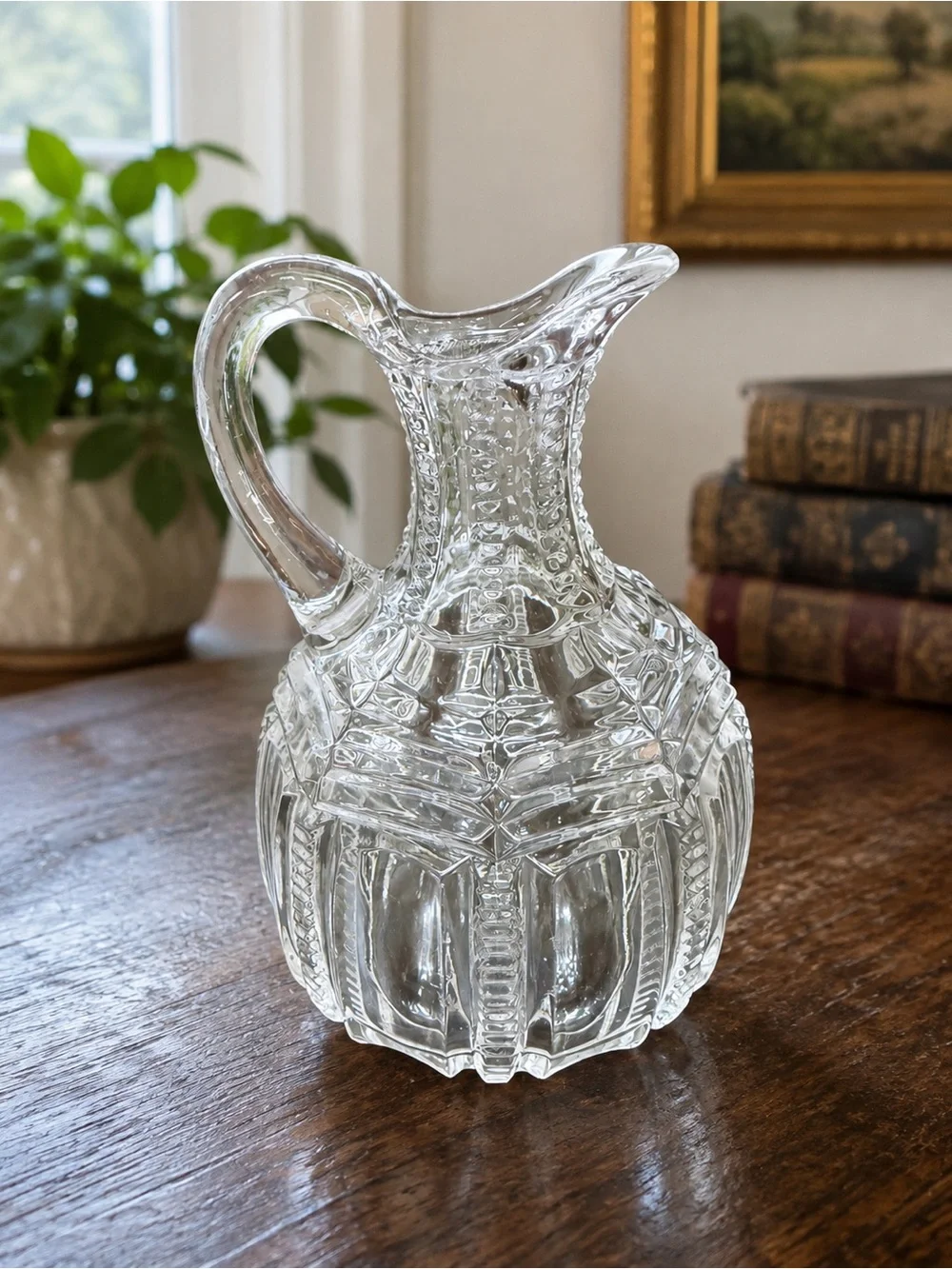 Antique EAPG Pressed Glass Pitcher Clear Heavy Cut Diamond Panel Pattern
